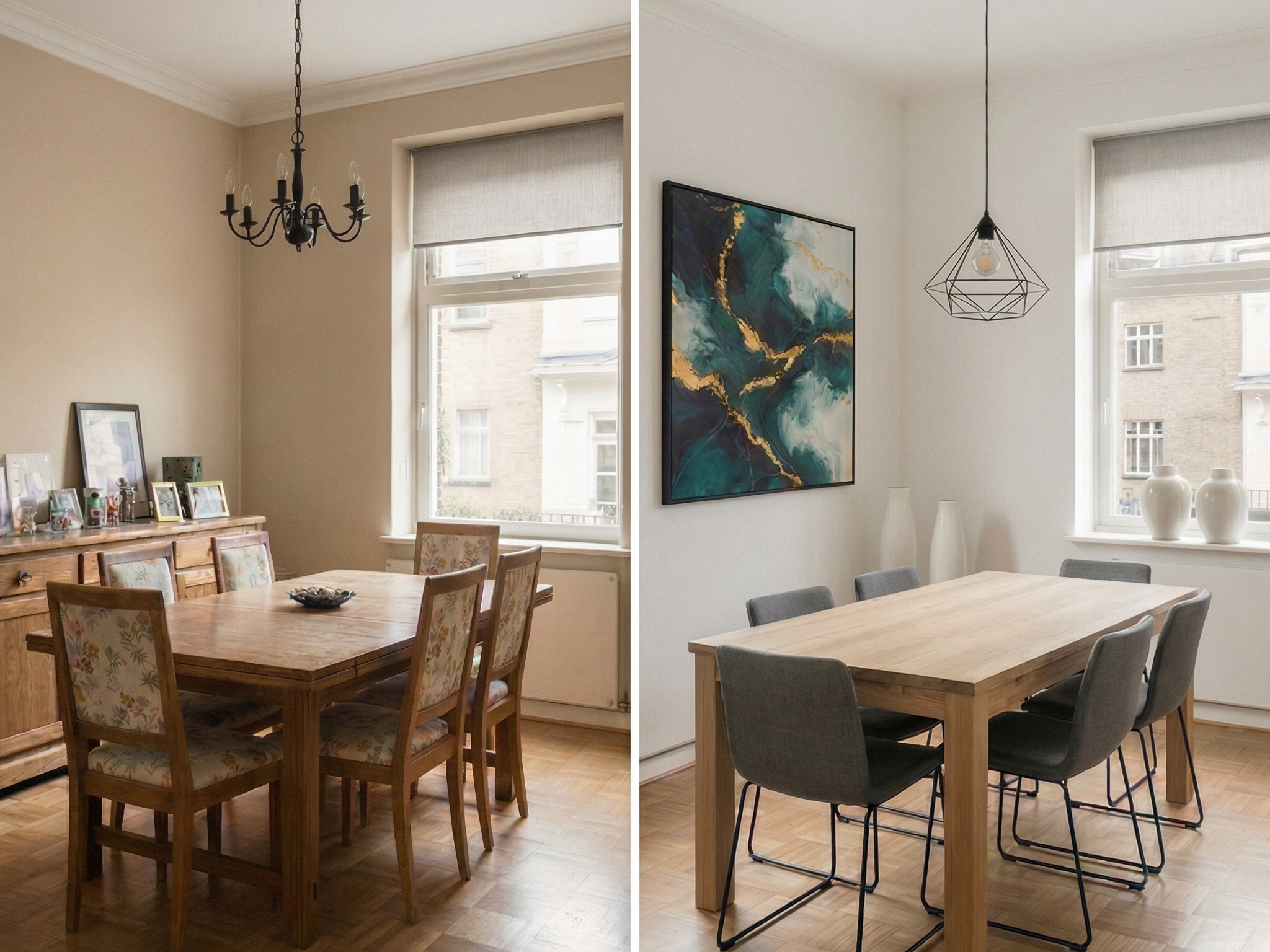 Montaje visual que muestra la alta rentabilidad de la inversión inmobiliaria con Patrimonity y el resultado de un comedor rehabilitado